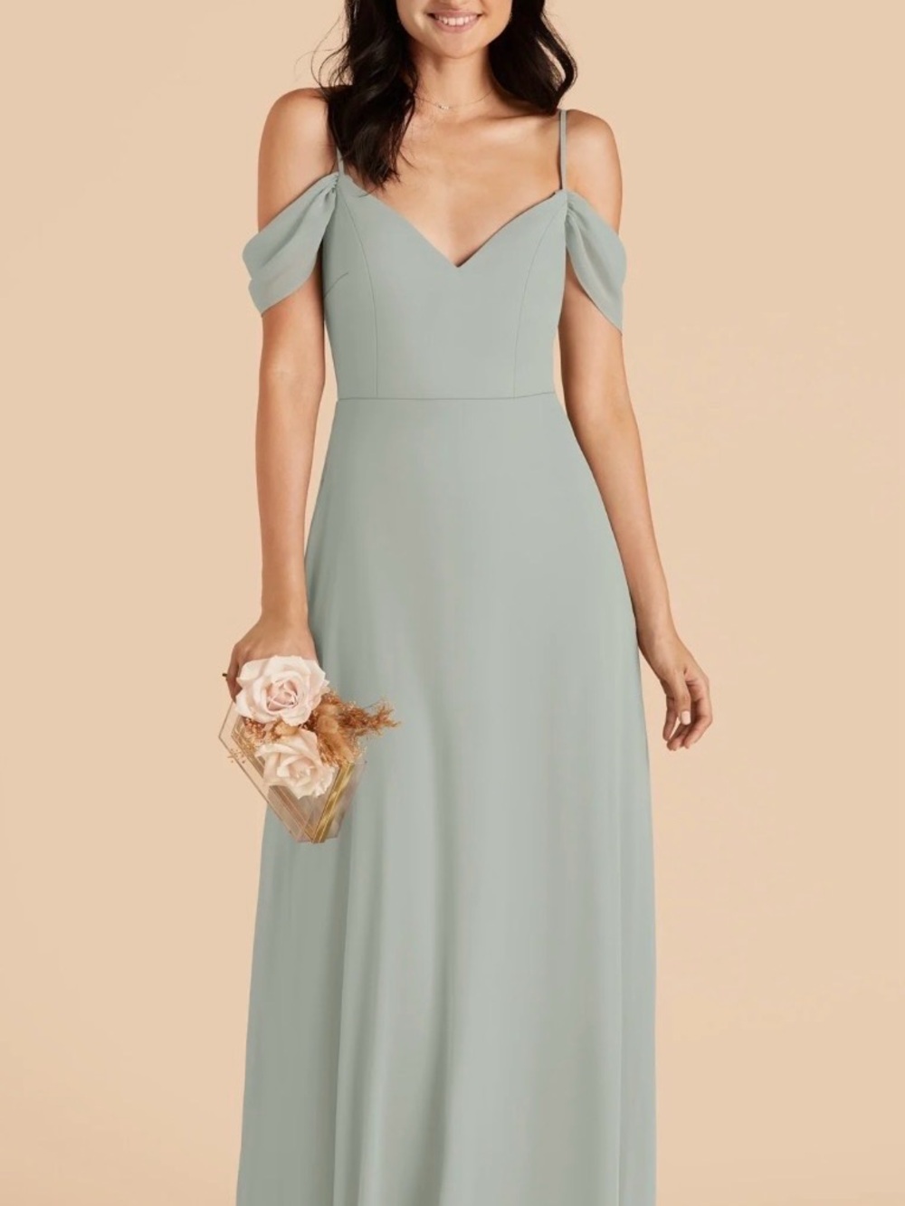 Birdie Grey- Devin Sage Chiffon Cold-Shoulder V-Neck bridesmaid Dress